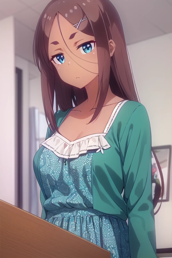umikoahagon, <lora:umiko ahagon s2-lora-nochekaiser:1>,
umiko ahagon, long hair, blue eyes, brown hair, hair ornament, hair between eyes, hairclip, dark skin, dark-skinned female, x hair ornament,
BREAK dress, collarbone, green dress, long sleeves, frills,
BREAK indoors, office,
BREAK looking at viewer, (cowboy shot:1.5),
BREAK <lyco:GoodHands-beta2:1>, (masterpiece:1.2), best quality, high resolution, unity 8k wallpaper, (illustration:0.8), (beautiful detailed eyes:1.6), extremely detailed face, perfect lighting, extremely detailed CG, (perfect hands, perfect anatomy),