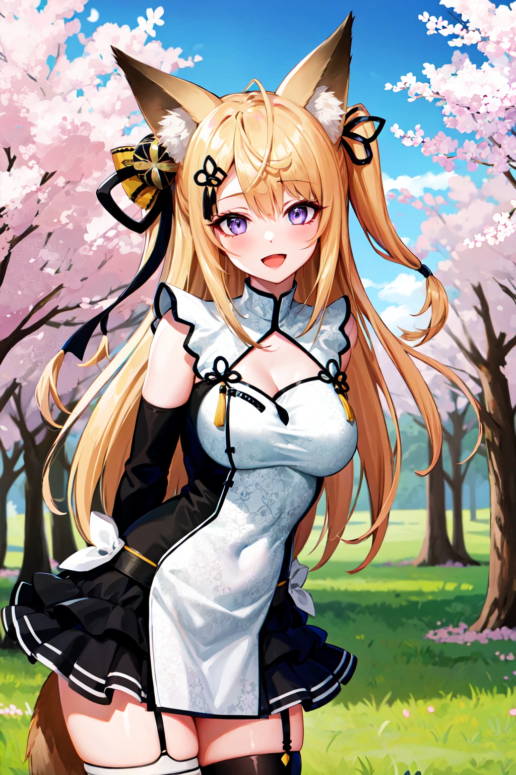 masterpiece, best quality, highres, 1girl, solo, long hair, blonde hair, ahoge, two side up, hair ribbon, animal ears, hair ornament, hairclip, purple eyes, fox tail, white dress, detached sleeves, black sleeves, black skirt, single thighhigh, white thighhighs, <lora:kurune_kokuri_v1:0.7>, standing, cowboy shot, leaning forward, (arms behind back:1.2), outdoors, cherry blossoms, smile, open mouth,