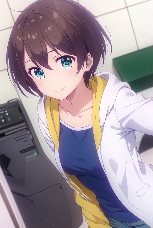 hajimeshinoda, <lora:hajime shinoda s2-lora-nochekaiser:1>,
hajime shinoda, short hair, bangs, brown hair, (green eyes:1.3), ahoge, smile,
BREAK shirt, long sleeves, collarbone, jacket, open clothes, pants, hood, open jacket, hoodie, hood down, blue jacket, yellow shirt,
BREAK indoors, office,
BREAK looking at viewer, (cowboy shot:1.5),
BREAK <lyco:GoodHands-beta2:1>, (masterpiece:1.2), best quality, high resolution, unity 8k wallpaper, (illustration:0.8), (beautiful detailed eyes:1.6), extremely detailed face, perfect lighting, extremely detailed CG, (perfect hands, perfect anatomy),