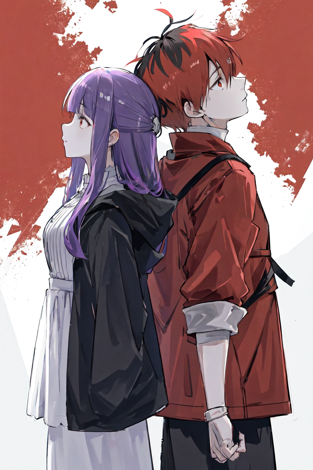 masterpiece, best quality, highres,
1girl fern, black jacket white dress,
1boy stark, red jacket open clothes black pants,
back-to-back
<lora:stark_fern_3:1>