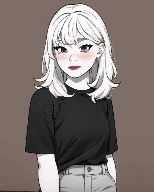 best quality, masterpiece, monochrome, meme, parody, <lora:mtstyle:0.8> mtstyle, 1girl, medium hair, lipstick, :|, shirt, pants, blush, upper body, solo, looking at viewer, simple background