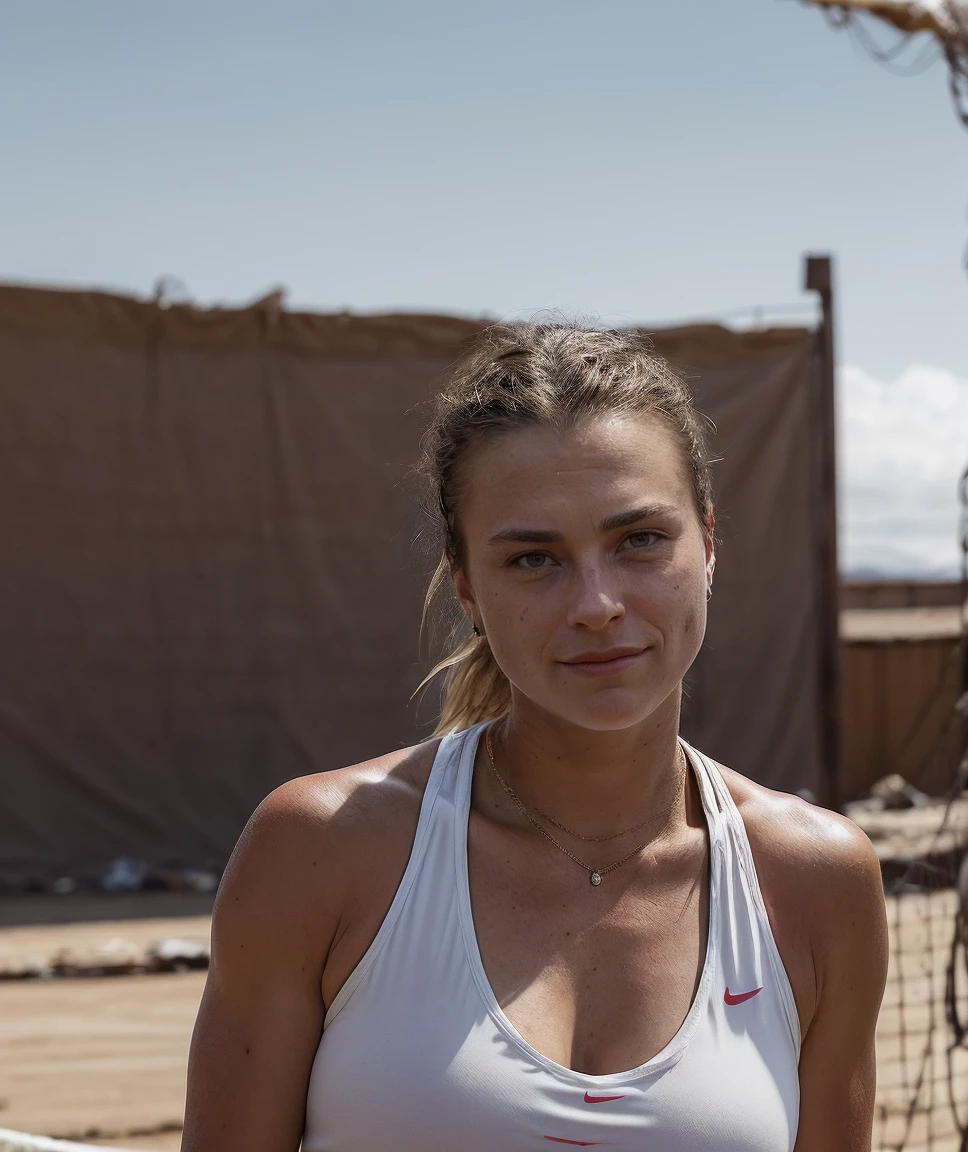 cinematic film still ,realistic, <lora:quiron_ArynaSabalenka_v1_lora:0.87> ArynaSabalenkaQuiron playing tennis, best quality, masterpiece, at scavenger junkyard, mountains of discarded items, resourceful individuals, hidden treasures, . shallow depth of field, vignette, highly detailed, high budget Hollywood movie, bokeh, cinemascope, moody, epic, gorgeous, film grain, grainy