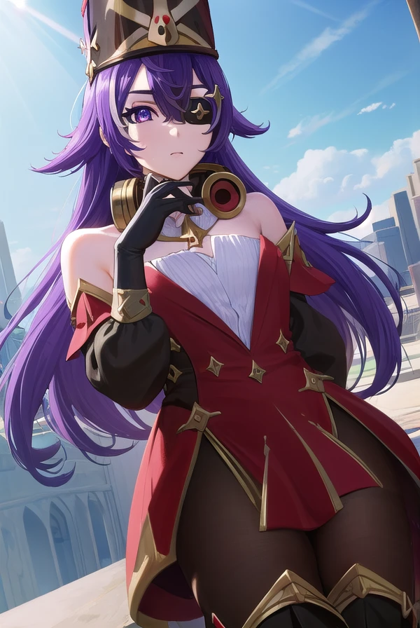 chevreuse, <lora:chevreuse-lora-nochekaiser:1>,
chevreuse, (eyepatch:1.5), long hair, mole, mole under mouth, multicolored hair, (purple eyes:1.1), purple hair, streaked hair, two-tone hair, very long hair, white hair,
BREAK bare shoulders, detached sleeves, black dress, black headwear, black pantyhose, boots, dress, earmuffs, earmuffs around neck, gloves, gold trim, gun, hat, pantyhose, red dress, shako cap, short dress, thigh boots, two-tone hair, white footwear, white gloves,
BREAK outdoors, city,
BREAK looking at viewer, (cowboy shot:1.5),
BREAK <lyco:GoodHands-beta2:1>, (masterpiece:1.2), best quality, high resolution, unity 8k wallpaper, (illustration:0.8), (beautiful detailed eyes:1.6), extremely detailed face, perfect lighting, extremely detailed CG, (perfect hands, perfect anatomy),