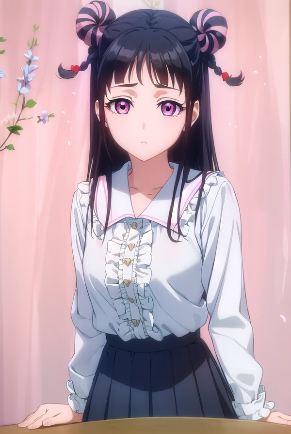 mahorojin, <lora:mahoro jin-lora-nochekaiser:1>,
mahoro jin, long hair, bangs, black hair, hair ornament, braid, (pink eyes:1.3), hair bun, twin braids, double bun, heart, heart hair ornament,
BREAK shirt, long sleeves, bow, school uniform, white shirt, serafuku, sailor collar, frills,
BREAK indoors, classroom,
BREAK looking at viewer, (cowboy shot:1.5),
BREAK <lyco:GoodHands-beta2:1>, (masterpiece:1.2), best quality, high resolution, unity 8k wallpaper, (illustration:0.8), (beautiful detailed eyes:1.6), extremely detailed face, perfect lighting, extremely detailed CG, (perfect hands, perfect anatomy),