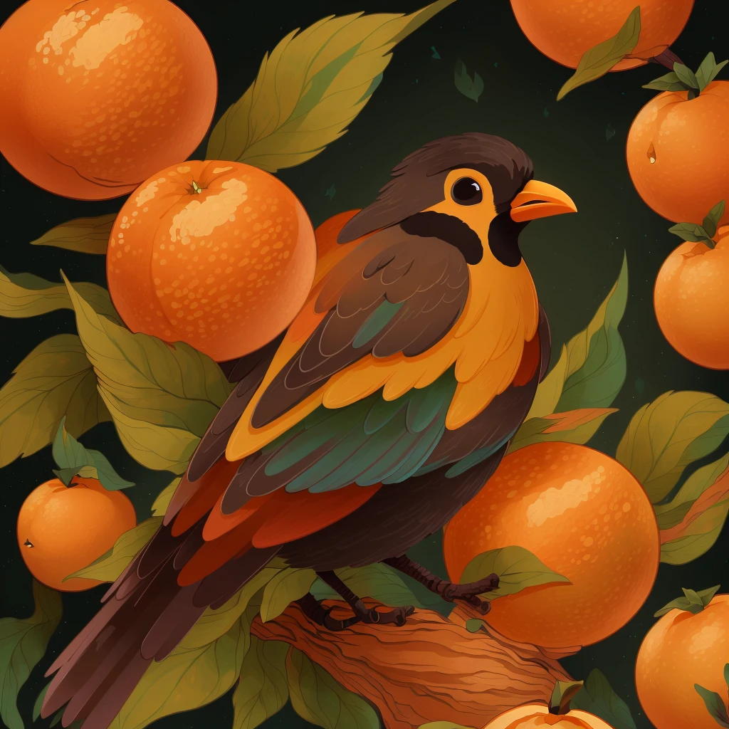 a bird with oranges<lora:Katy_v1:1> artkatyaihstyle