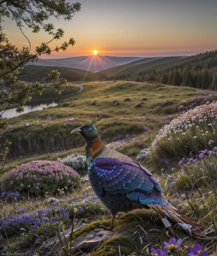 l0p31m, Ultra-HD-details, upper body, Spectacular light, ((Flowering, Forest, flowers, Grass)), Sunset