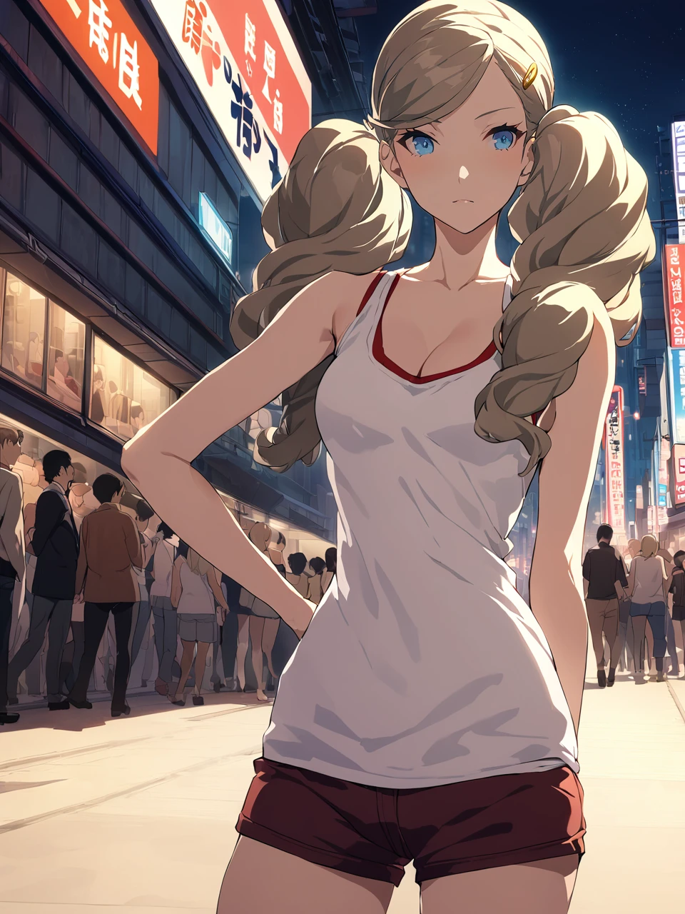 dsann, blonde hair, long hair, twintails, swept bangs, blue eyes, hairclip, tank top, shorts, 1girl, solo
BREAK
crowded tokyo street, night, depth of field, cinematic, masterpiece, best quality, game cg
<lora:dsann_a3b:1>
