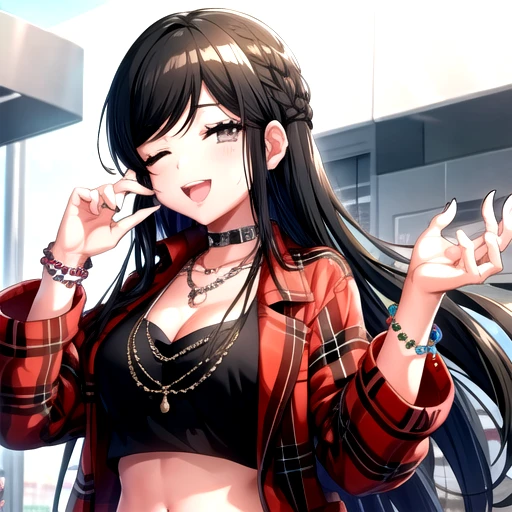 <lora:NotToyaSis-10:0.7>, tsubakid4dj, looking at viewer, smile, open mouth, shirt, long sleeves, navel, cleavage, jewelry, medium breasts, jacket, white shirt, upper body, braid, one eye closed, choker, midriff, necklace, nail polish, black eyes, bracelet, crop top, chain, black nails, red jacket,  plaid shirt, plaid jacket