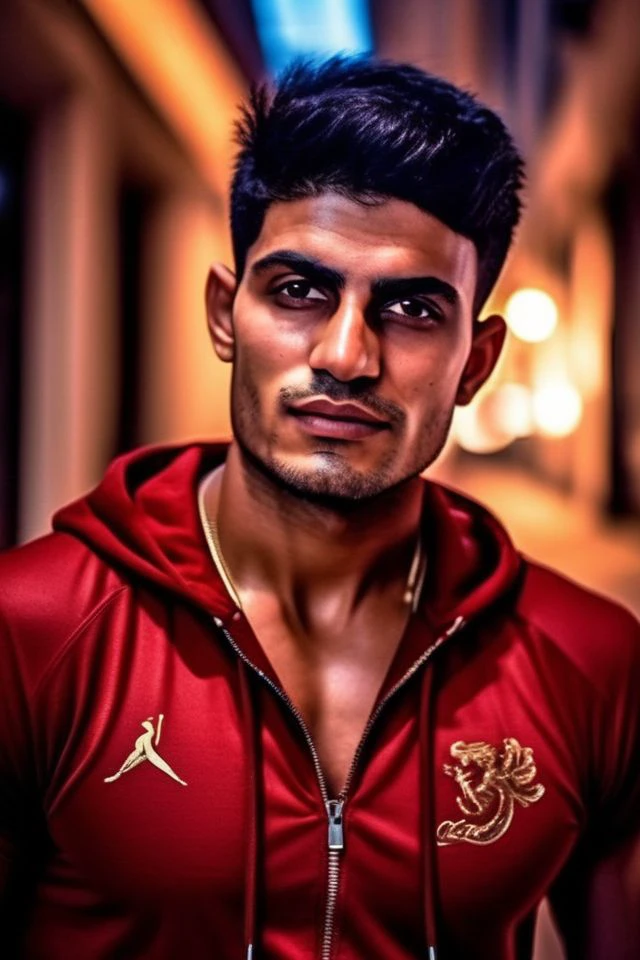 mena massoud a man <lora:shubman-gill_Mena-Massoud:1>, realistic photo , in a worn ((red tracksuit, massive hairy pecs)), big pecs, ((light bokeh)), intricate, (steel metal [rust]), elegant, sharp focus, photo by greg rutkowski, soft lighting, vibrant colors, (masterpiece), ((streets)), (detailed face), looking at viewer, light smile, night, walking towards viewer, cinematic lighting, beautiful lighting, cinematic lighting, (hazy filter, film grain:1.2)