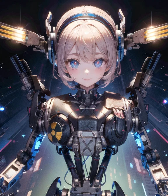 rococo, masterpiece, (beautiful face:1.4), manga realistic, <lora:Robokane:0.71>, wide shot, In the best illumination, this exquisite, absurdly high resolution artwork captures the moment when an extraterrestrial robot girl is greeting to viewer. Girly, young and beautiful face is presented in monitor at robot's head, smiling at viewers. she is analyzing everything in her sight with her glowing pupils. The wide shot about light-reflecting robotic details, including multiple arms including gatling guns and claws are completing an aesthetically pleasing view of this cute robotic princess. holographic monitor, (robocain:1.3), Jean-Baptiste Pillement, gatling gun, monitor head, reflective sheen, hologram face,