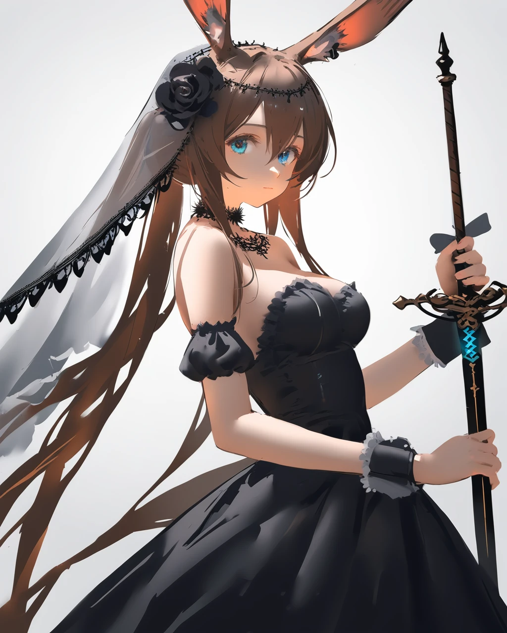 nai3, god light, 1girl, animal ears, solo, dress, black dress, blue eyes, amiya (arknights), rabbit ears, long hair, white background, sword, holding, hair ornament, weapon, flower, simple background, looking at viewer, brown hair, breasts, holding sword, hair flower, holding weapon, black flower, red ribbon, veil, bare shoulders, choker, ribbon, medium breasts, bangs, alternate costume, hair between eyes, from side, rose, upper body, strapless, very long hair, hair ribbon, black rose, closed mouth, wrist cuffs, strapless dress, looking to the side, sidelocks, animal ear fluff, rabbit girl, detached sleeves, black choker, frills, wlop