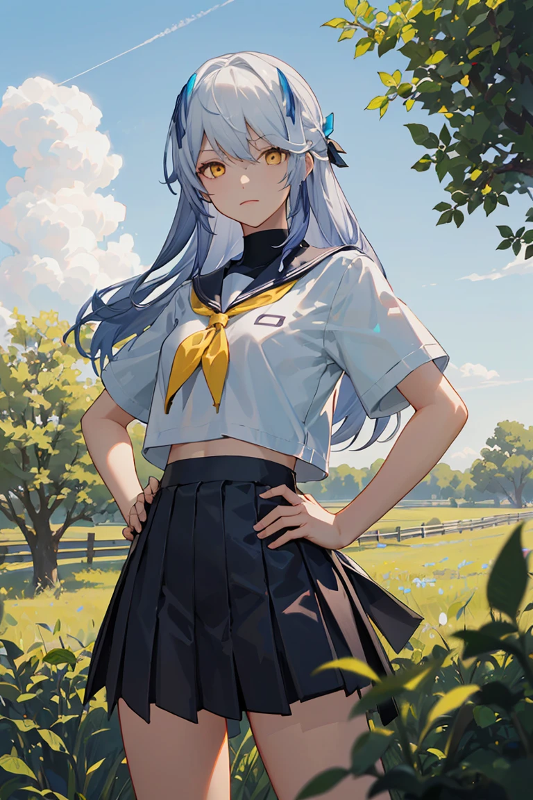 LYFE, school uniform,  blue_hair, long hair, yellow_eyes,  hand on hip,  1girl, solo, standing, cowboy shot,   looking at viewer, outdoors,  day, tree, cloud, weeds, dappled_sunlight,  (masterpiece,best quality,beautiful and aesthetic:1.2),     <lora:LYFE-V2:1>