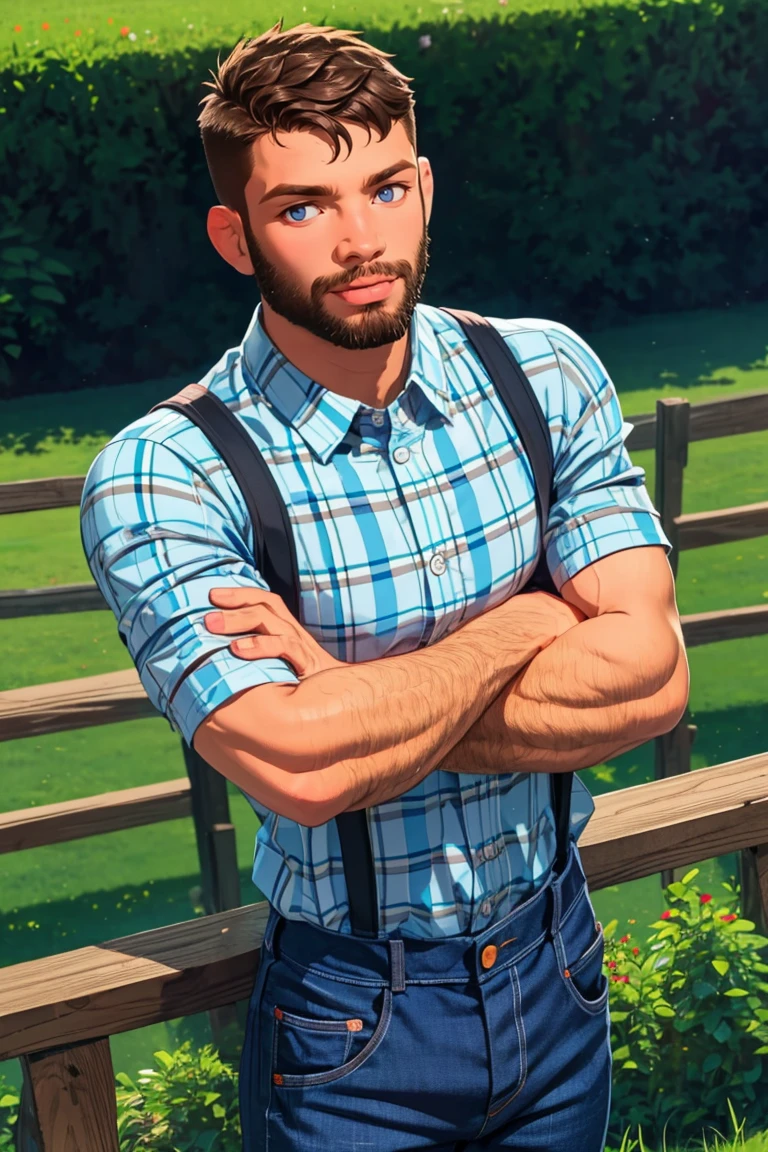 (masterpiece,  best quality:1.2),  man,  smirk,  crossed arms,  stubble,  beard,  (depth of field:1.1),  ,  photo of person,  plaid shirt,  denin pants,  standing,  at the farm,  view from above,  , masterpiece,  highness,  perfect face,  perfect picture,  detailed eyes,  sharp focus,  muscular, High detailed view, pixelart, High detailed,<lora:EMS-271883-EMS:1.000000>