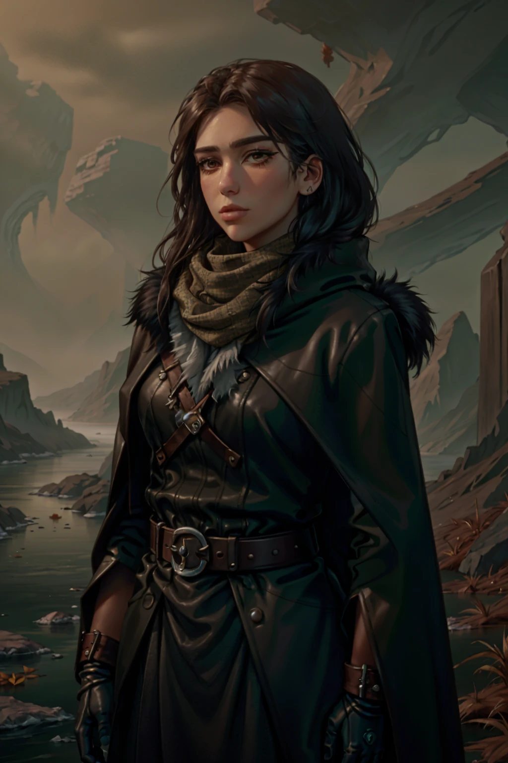 <lora:dua-01:1.2> a woman du4,(portrait, solo, from front, front view, (bloody scars:0.7), upper body, looking down, detailed background, detailed face, (<lora:GlyphTech:0.5>, scifi, glyphtech theme:1.1), trapper, hunter, calm confidence, black fur lined leather clothing, belt, cloak, gloves, weary, , pioneer spirit, scarf, snare, , net, axe, pelts, frozen river in background, cold climate, fallen leaves, backlighting, fantasy frontier cinematic atmosphere, ):0.75