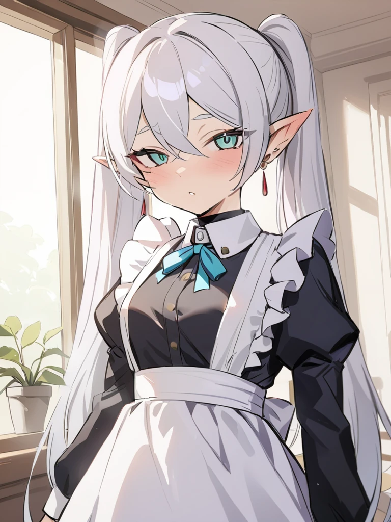 <lora:xl_Frieden2>,Frieden is a girl with white ponytails long hair green eyes and sharp ears,maid,, masterpiece, best quality,