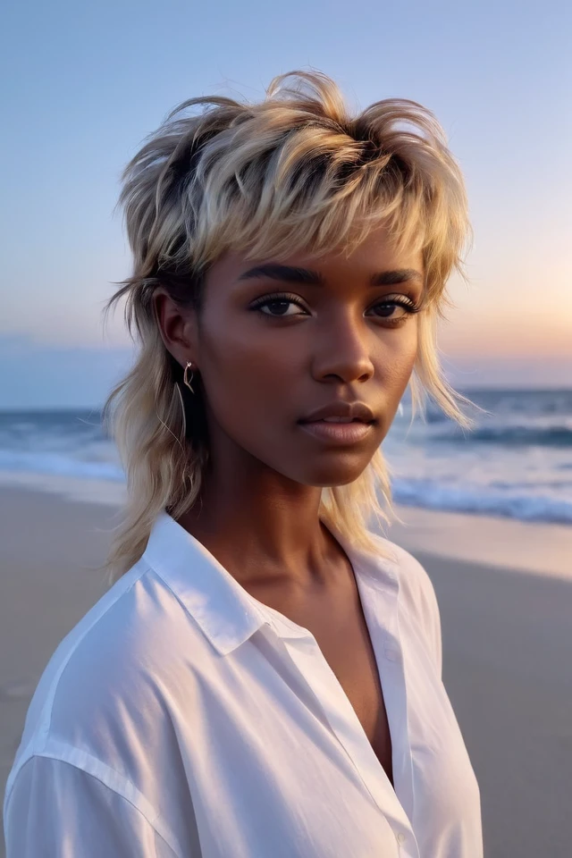 <lora:A_Mullet_Cut_SDXL_v3.1:1> mullet hair, masterpiece, realistic, 8k, (1woman), (blonde), dark skin, dreamy epression, white shirt, (brown hair:1.1) , at the beach, blue hour, messy hair,