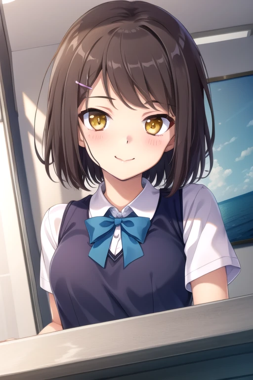 ((masterpiece)),(best quality),official art,extremely detailed CG,unity 8k wallpaper,ultra detailed,beautiful detailed eyes,extremely detailed face,A lighthouse on a cliff by the sea,1girl,solo,upper body,(portrait:1.5),looking at viewer,facing viewer,smile,brown hair,short hair,hairclip,hair ornament,side swept bangs,yellow eyes,short sleeves,blue vest,purple bow,blush,white shirt,collared shirt,medium breasts,miniskirt,grey skirt,pleated skirt,black thighhighs,loafers,<lora:Izumi Chinatsu(rk):0.8>,