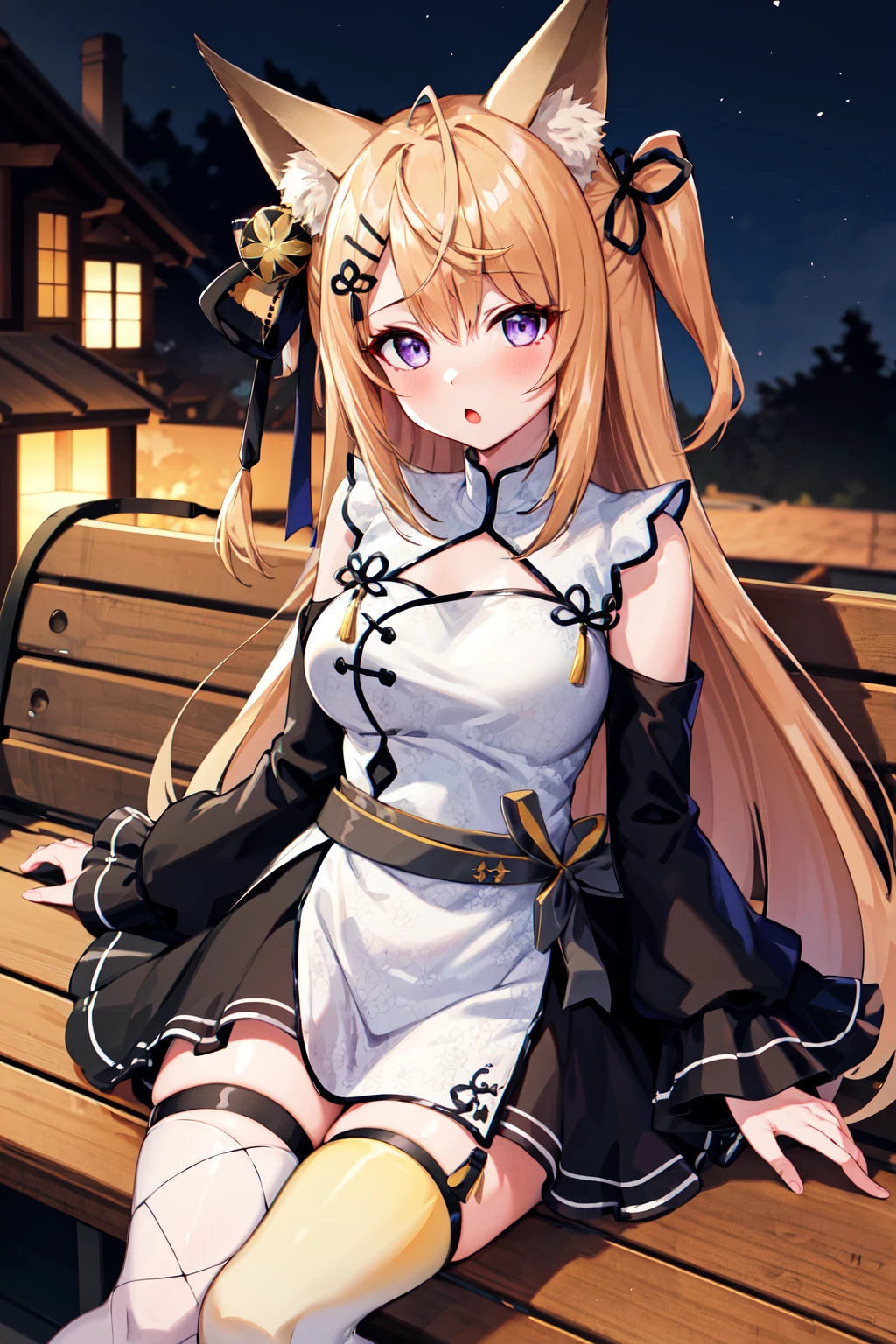 masterpiece, best quality, highres, 1girl, solo, long hair, blonde hair, ahoge, two side up, hair ribbon, animal ears, hair ornament, hairclip, purple eyes, fox tail, white dress, detached sleeves, black sleeves, black skirt, single thighhigh, white thighhighs, <lora:kurune_kokuri_v1:0.7>, sitting, :o, outdoors, night, bench