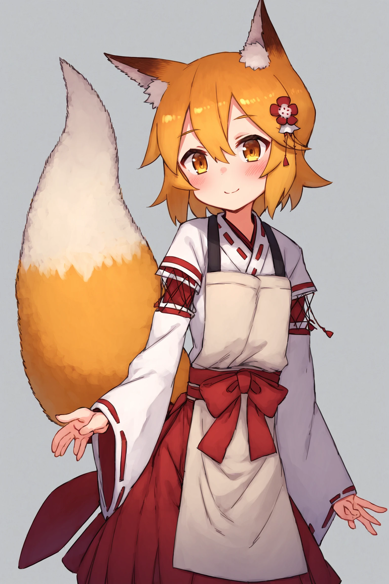 score_8_up, score_7_up, score_6_up, best quality, masterpiece, uncensored, source_anime, by aaaa \(quad-a\), simple background, white background,
BREAK
sen, blonde hair, animal ears, fox ears, blush, animal ear fluff, hair ornament, fox girl, hair flower, hair between eyes, short hair, fox tail, tail, flat chest, yellow eyes, young girl, smile, standing, miko, apron, japanese clothes, ribbon mesh sleeves
BREAK
<lora:senko_ponyxl_v2:1>