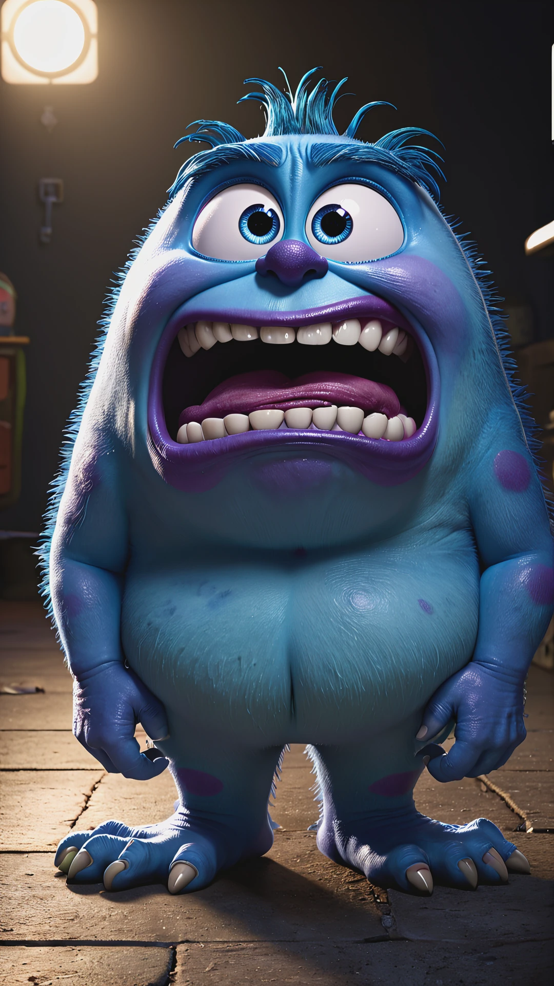 (by Taran Fiddler), (by Chunie), James P. Sullivan, monster, Pixar, Monsters Incorporated, male, solo, naked, heavy balls, low hanging balls, presenting genitals, wide hips, big butt, thick thighs, short legs, big feet big arms, chubby, monster tail, thick tail, tail lift, shaggy fur, purple spots, low light, multicolored lighting, butt, squishy ass cheeks, locker room, sweaty towel, penis nubs, penis spines, penis ridges, alien penis, nonhuman penis, blue penis, dripping, bending over, grabbing butt, spreading ass, deep anus
