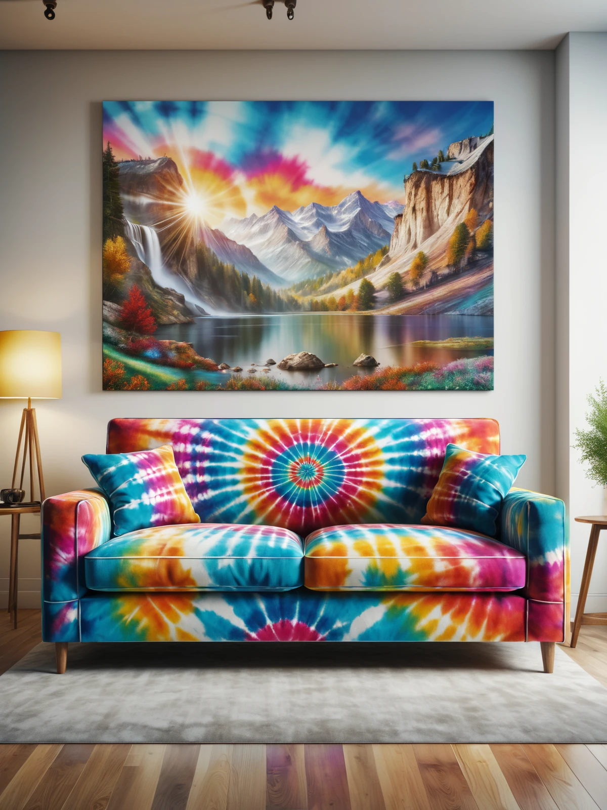 mad-tiedye sofa in living room, photo of a landscape on the wall, <lora:Colorful_Tie-Dye_SDXL:0.5>, (masterpiece:1.2), best quality, (hyperdetailed, highest detailed:1.2), high resolution textures