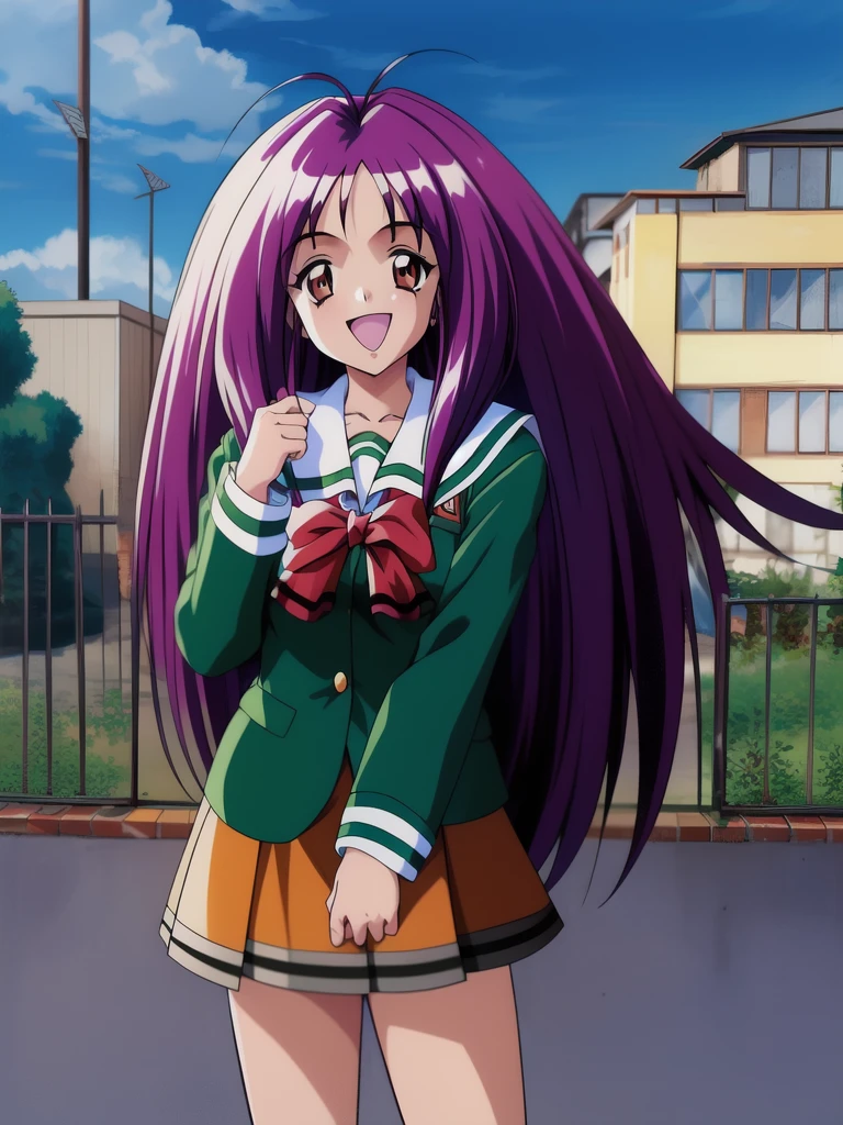 <lora:Kotobuki_Miyuki:1>, KotobukiMiyuki, 1girl, solo, school uniform, skirt, smile, long sleeves, green shirt, orange skirt, shirt, bow, School gate , sky, smile, open_mouth,
masterpiece, high quality, very_high_resolution, large_filesize, full color,