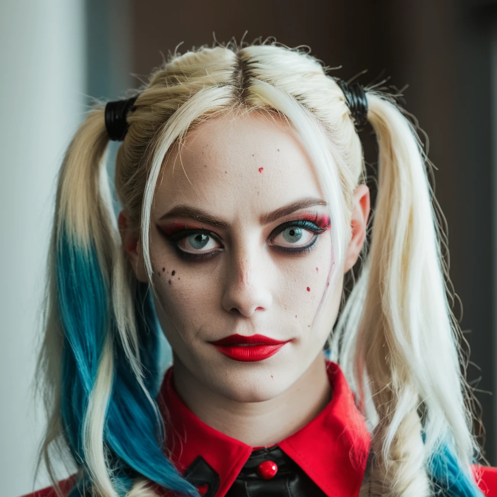 <lora:robbie:0.92:lbw=1,0,0,0,1,1,0,0,1,1,1,1,1,1,1,1,1>robbie face,robbie body,
harley quinn, robbie body, robbie face, harleyquinnsuit, blurry, blurry foreground, depth of field, motion blur, blurry background, 1girl, lips, solo, twintails, looking at viewer, photo \(medium\), realistic, normal quality, red lips, blonde hair, earrings, nose, makeup, jewelry, lipstick, multicolored hair, injury, blue eyes, bruise, blood, portrait, pink hair, blue hair, gradient hair, long hair,
(8k, RAW photo, best quality, masterpiece:1.2), (realistic, photo-realistic:1.55), (ultra-detailed:1.34), (highres:1.5),
(pov:1.35)