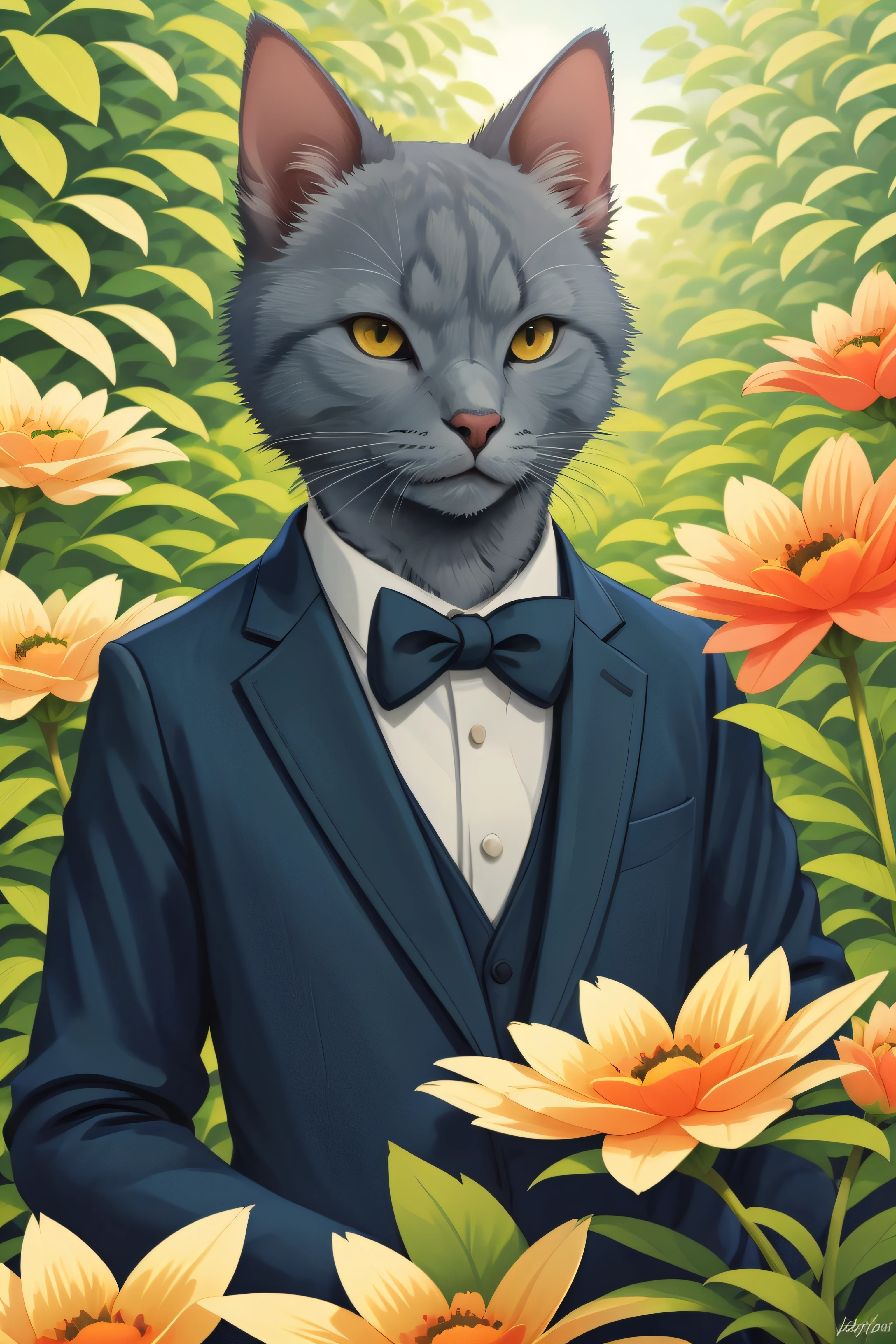 wide-angle portrait of a classy anthropomorphic male russian blue cat, narrow and pointed face, big and curious light green eyes, tuxedo, flowers, detailed and intricate, soft light, bokeh, masterpiece