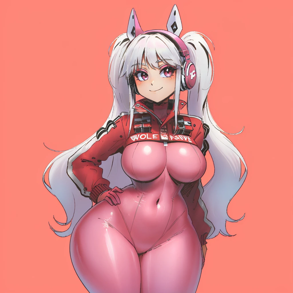 (masterpiece, best quality:1.3), Wolftangart, 1girl, solo, looking at viewer, wide hips, mature female, closed mouth, simple background, colorful background, seductive smile, large breasts, cowboy shot, thick thighs, <lora:Wolftangart Style Lora:1>, alice \(nikke\), pink bodysuit, animal ear headphones, shiny clothes, twintails, latex bodysuit, white hair, covered navel, cropped jacket, fake animal ears, bangs, pink eyes, skin tight, <lora:alice-lora-v3-128dim-20ep:.8>