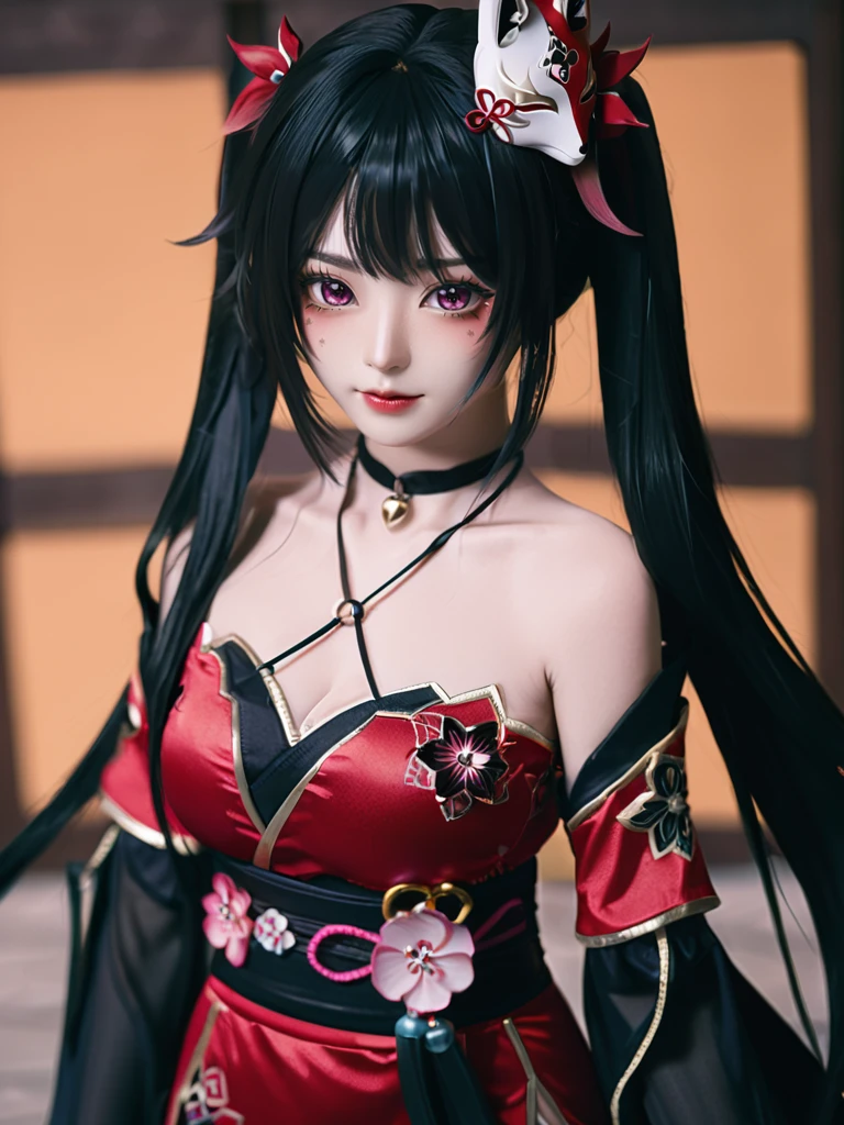 cinematic photo <lora:xl_sparkle2-000010:1>,sparkle is a girl with long black twintails and pink eyes fox mask on his head,the outfit she is wearing is called 'huahuo' and it's a red off-the-shoulder kimono, . 35mm photograph, film, bokeh, professional, 4k, highly detailed