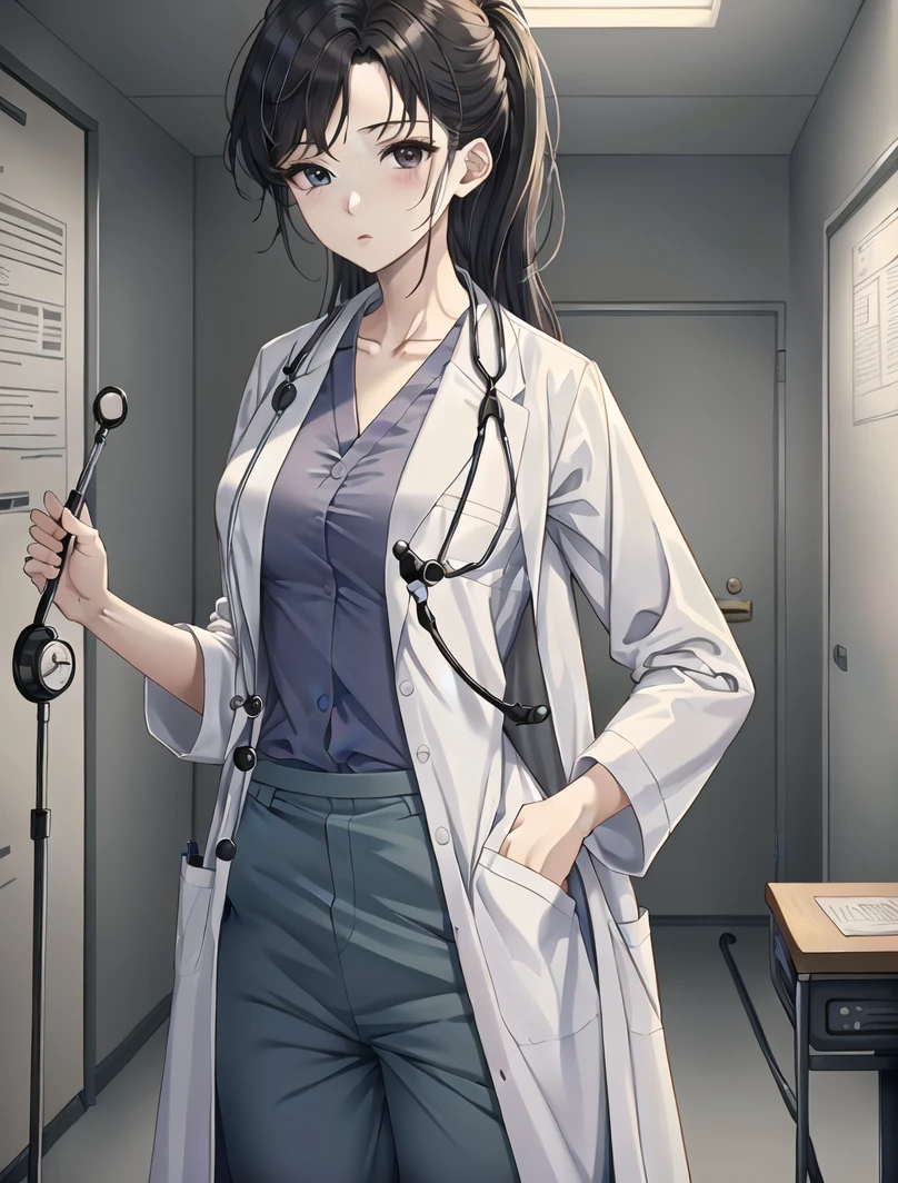 ((masterpiece, best quality, high quality)),1girl, (lower body, hospital), <lora:doctor_uniform_v1:0.8> (doctor_uniform, labcoat, stethoscope, doctor,scrub top,scrub trousers),