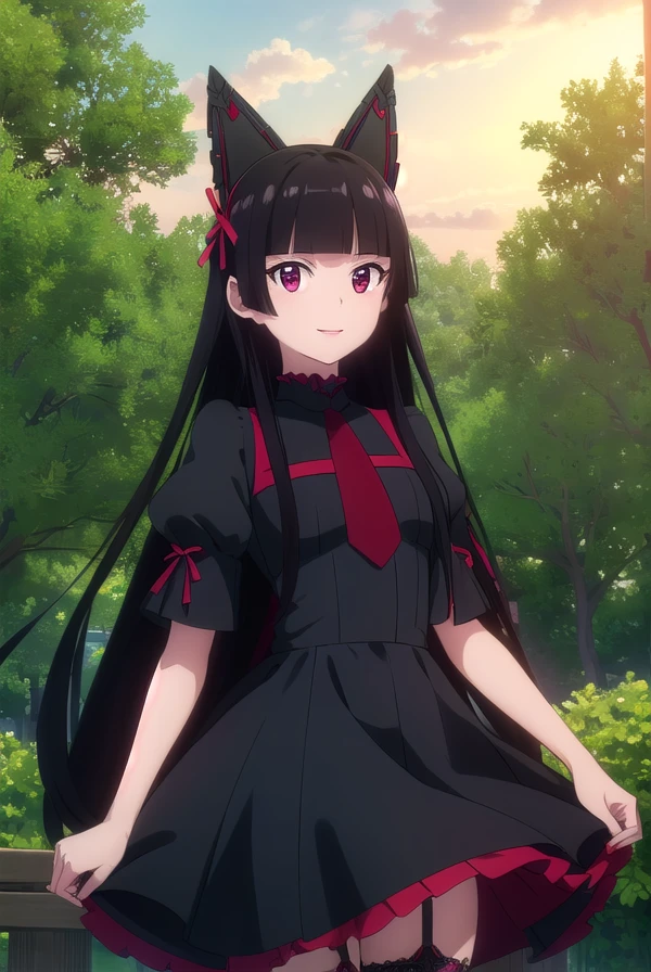 rorymercury, <lora:rory mercury s1s2-lora-nochekaiser:1>,
rory mercury, long hair, black hair, (red eyes:1.3), bangs, blunt bangs, hime cut, smile,
BREAK thighhighs, bow, ribbon, hair ribbon, garter straps, dress, black dress, puffy sleeves, frills, detached sleeves, necktie, red necktie, lipstick, purple lipstick,
BREAK outdoors, nature, forest, grass, sun, sky, clouds, grass,
BREAK looking at viewer, (cowboy shot:1.5),
BREAK <lyco:GoodHands-beta2:1>, (masterpiece:1.2), best quality, high resolution, unity 8k wallpaper, (illustration:0.8), (beautiful detailed eyes:1.6), extremely detailed face, perfect lighting, extremely detailed CG, (perfect hands, perfect anatomy),