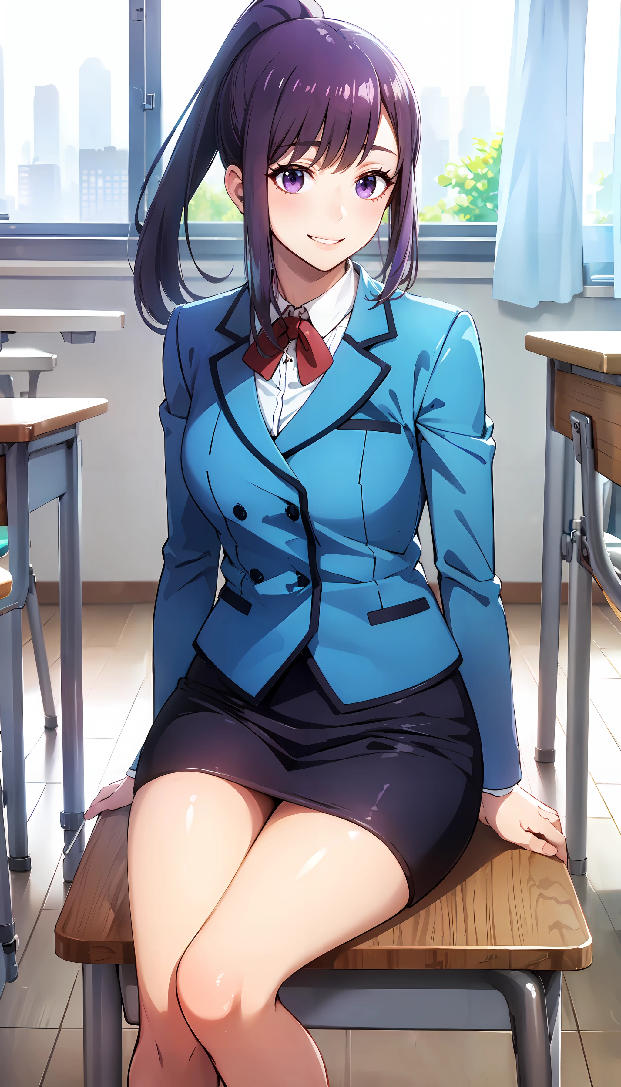 photorealistic, (4k), depth of field, (Masterpiece), (realistic skin texture), extremely detailed, intricate, hyper detailed, professional photography, bokeh, high resolution, sharp detail, best quality, girl, purple hair, ponytail, purple eyes, blue school uniform, skirt, <lora:GoodHands-vanilla:0.8> , nice hands, perfect hands, <lora:detail_slider_v4:0.8> , <lora:Jin-Ah Sung-000004:0.8> , crossing ankles, dynamic pose, classroom, school, happy, smile, sitting behind a school table,