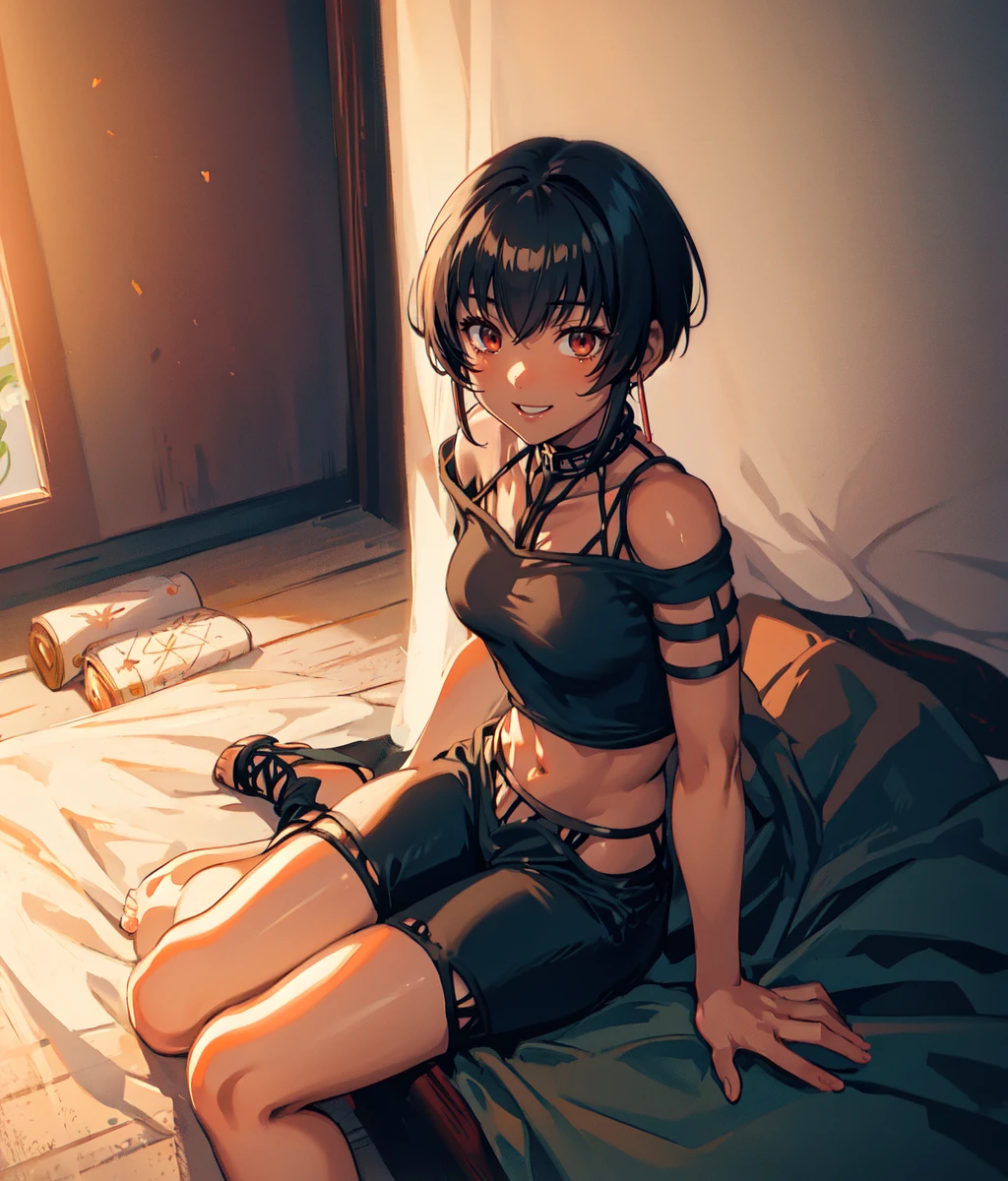 Anime screencap, masterpiece, best quality, detailed face, detailed eyes, 1girl, solo, boy short hair, tomboy, dark skin, black top, smiling, red pareo, black top, full body, cowboy shot, sitting on the bed, hand in hair, indoors, chinese room<lora:Eilie:1>