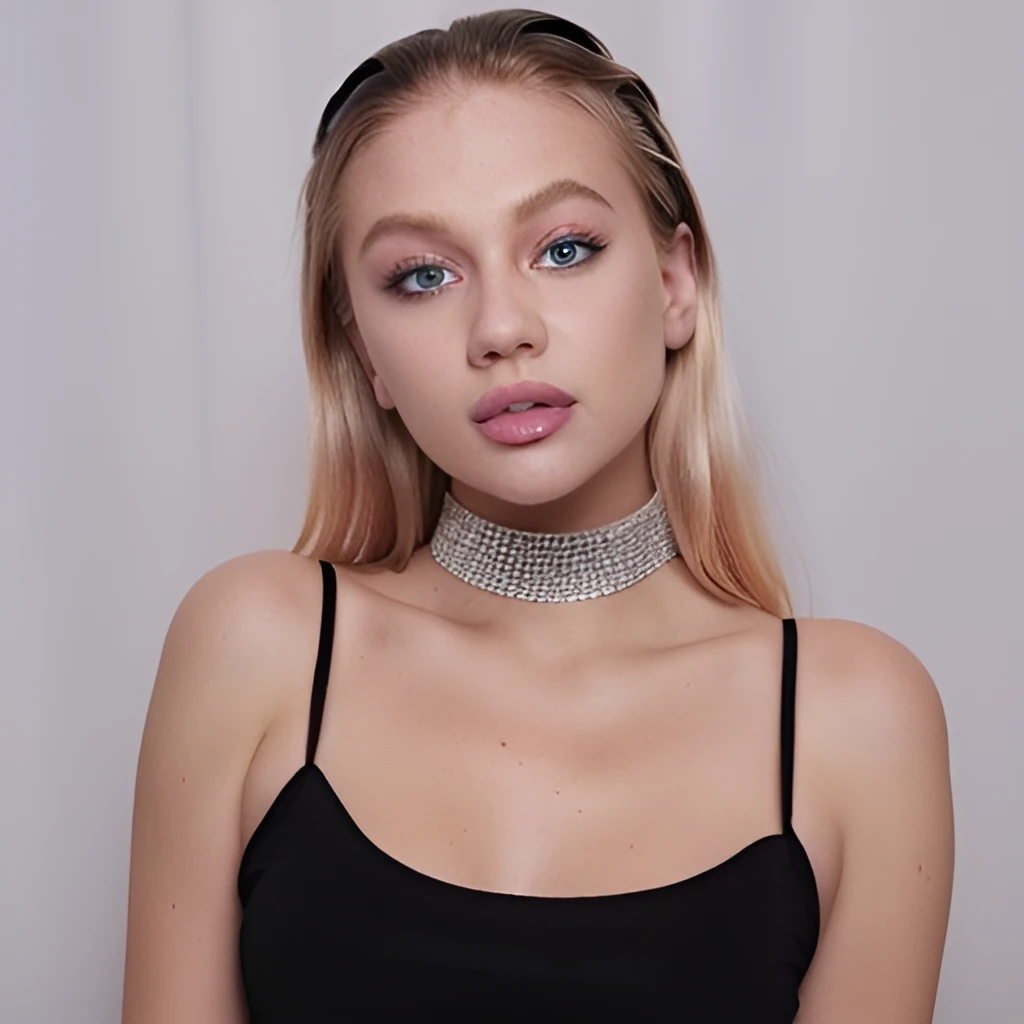 A blond woman wearing rhinestone choker, black top, best quality, ring light, contrast, hyper realistic <lora:rhinstone_choker-10:0.65>