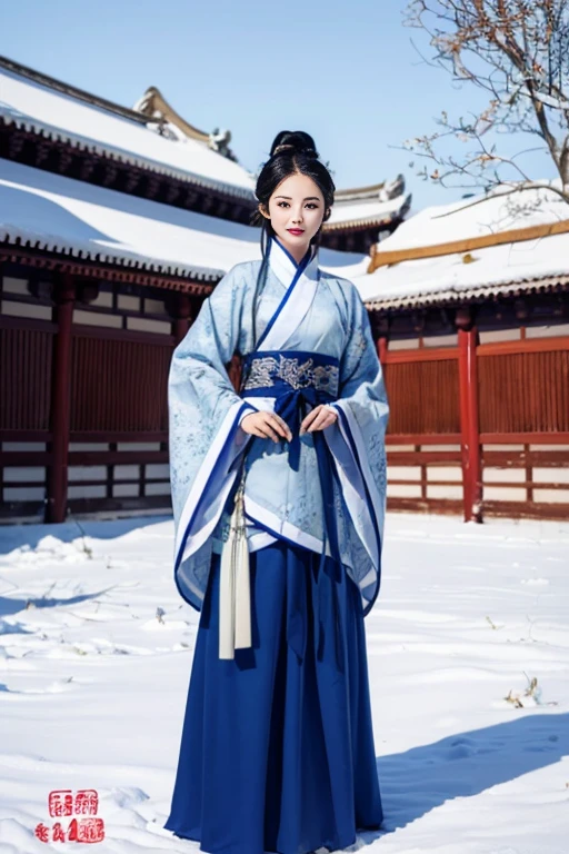 ltra-detailed,highly detailed,best quality,masterpiece,illustration,realistic,photorealistic,
1girl, solo,
hanfu-quju, hanfu, chinese clothes, chinese traditional clothes, long sleeves, wide sleeves, sash,
looking at viewer, cowboy shot, 
outdoors, photo background, east asian architecture, blue sky, wind, snow, winter,
<lora:hanfu quju_v1_07:0.7>