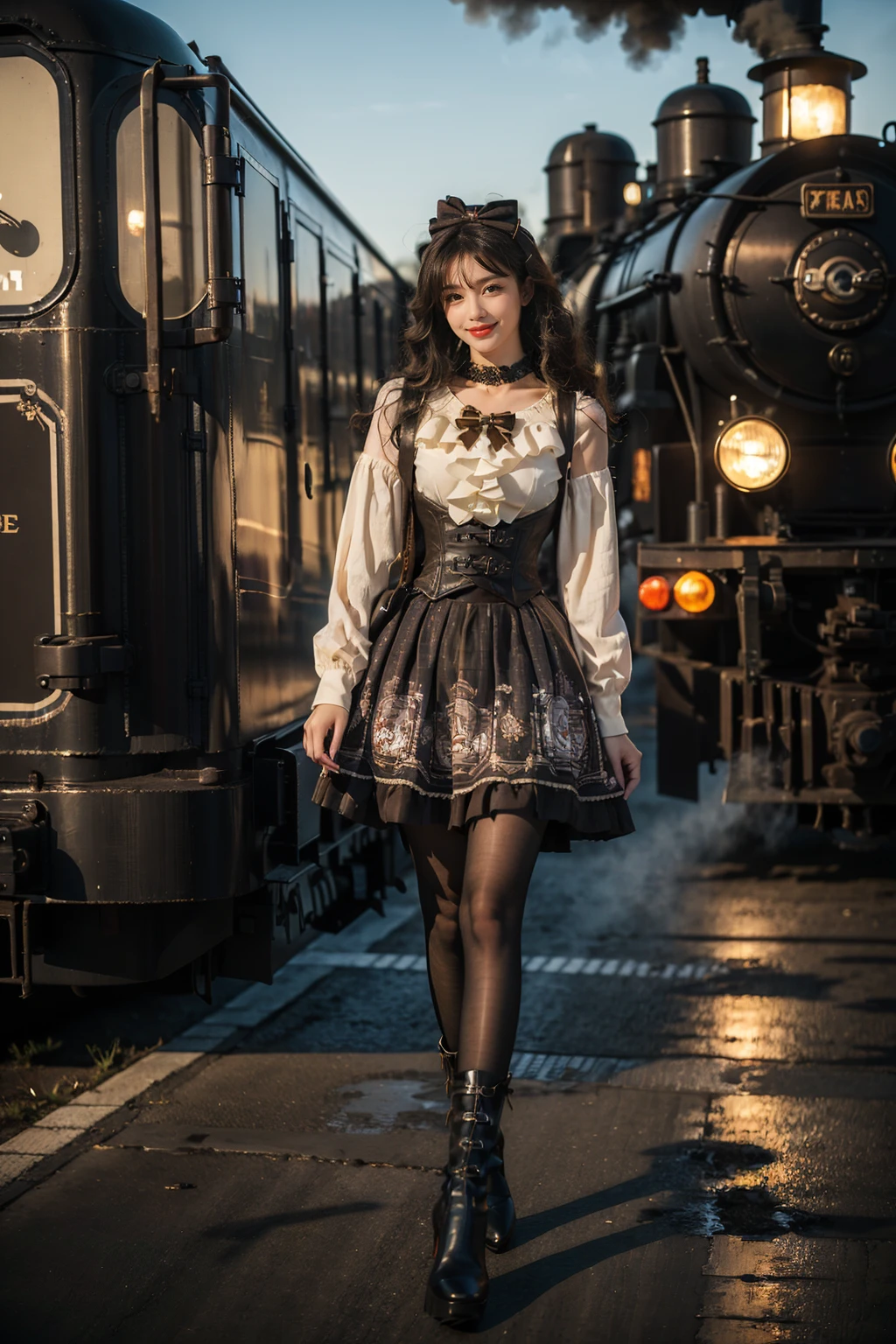 best quality, masterpiece, realistic, photorealistic, 1girl, solo, looking at viewer, smile, full body, standing, cyb dress, print dress, white shirt, corset, long sleeves, pouch, choker, bowtie, steampunk, black pantyhose, high heel boots, steam, industrial pipe, detailed background, steam locomotive, night, light, <lora:steampunk_dress_style1_v1:0.7>