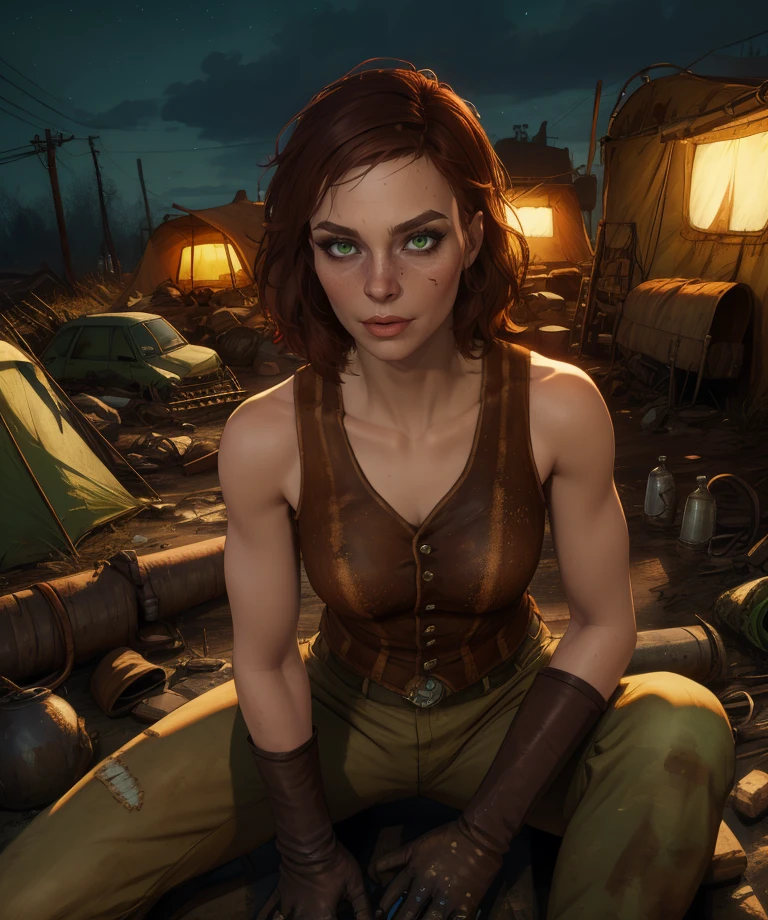 cait,green eyes,short,hair,messy hair,
brown vest,gloves, pants, 
sitting,upper body,
outdoors,wasteland,night,camp,
(insanely detailed, masterpiece, best quality),<lora:cait:0.8>,