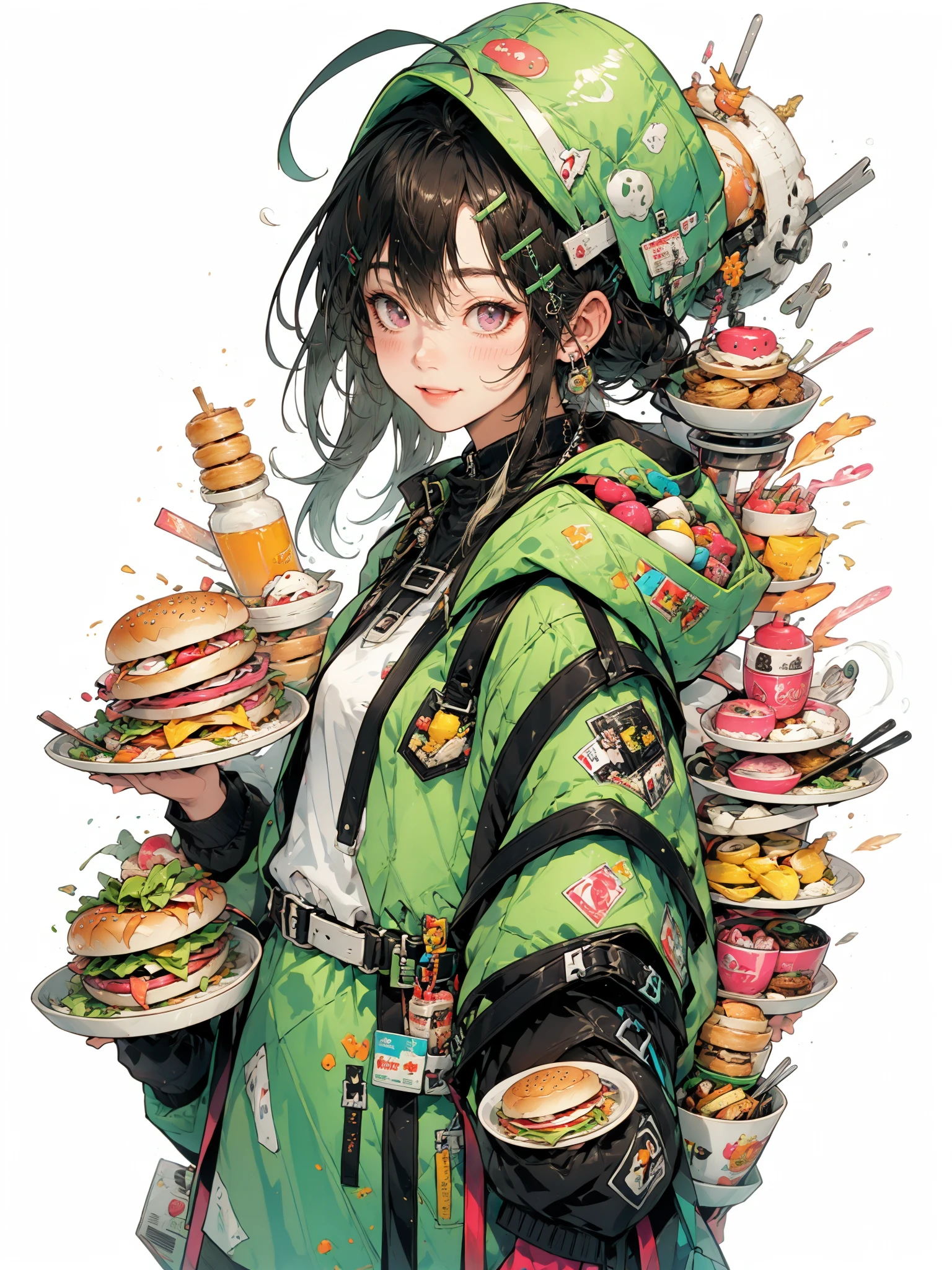 HEZI, 1girl, solo, food, looking at viewer, hair ornament, jacket, cup, tray, hat, long hair, white background, burger, bag, smile, green headwear, green jacket, grey hair, backpack, jewelry, holding, hood, egg \(food\), ahoge, braid, closed mouth, hairclip, upper body, plate, hood down, simple background, watch, earrings, wristwatch, blush, hooded jacket, bird, sandwich, long sleeves, bangs, french fries, baseball cap, shrimp, egg, pink eyes, grey eyes, gloves, belt, spoon, holding tray, white jacket, sidelocks, zipper, hair between eyes, brown eyes, ketchup, fried egg, small breasts, teacup, bread, floating hair, headwear removed, zipper pull tab<lora:å货女å©-000015:0.65>