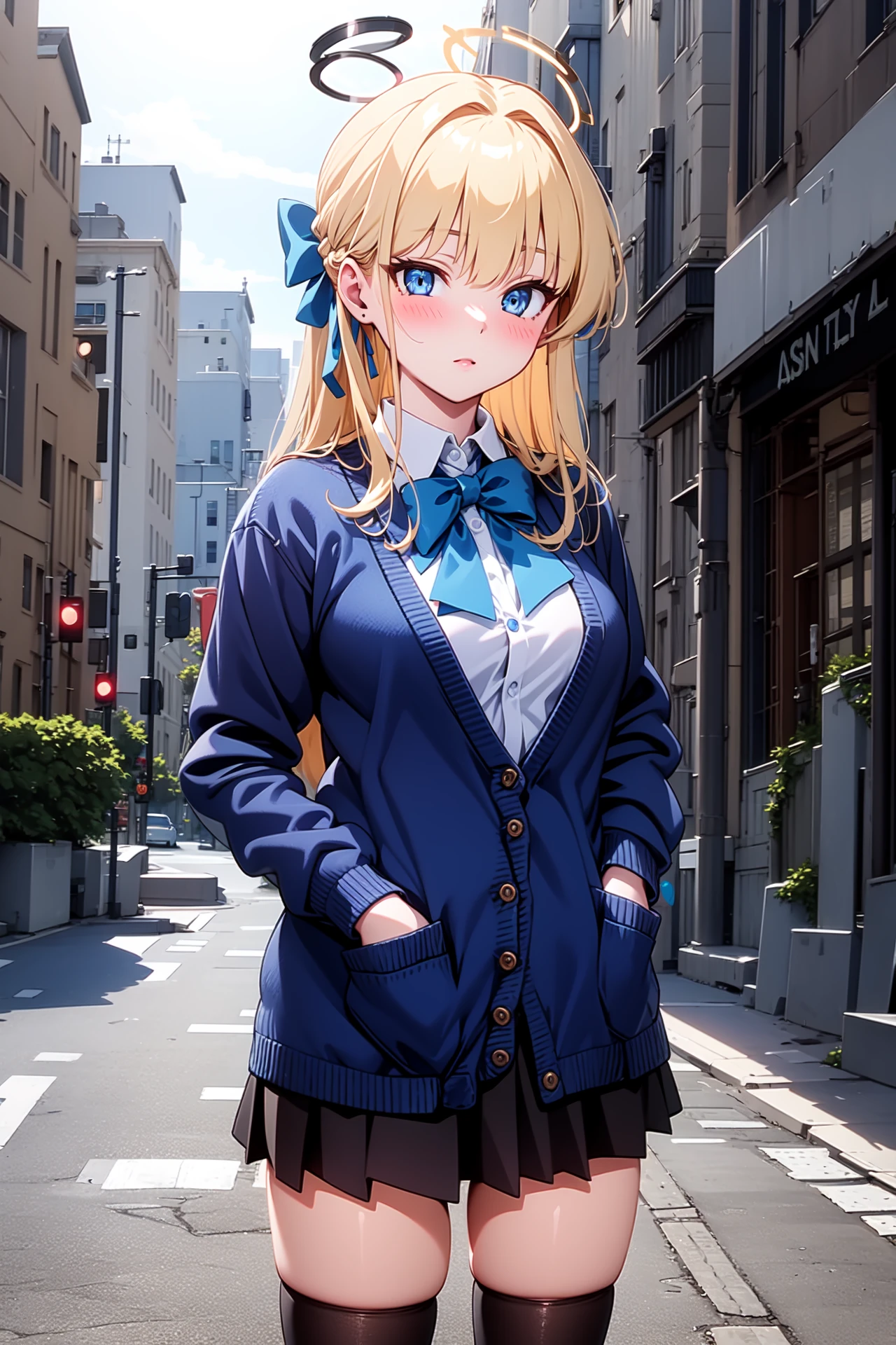 1girl, solo, outdoors, street, looking at viewer, masterpiece, best quality, high resolution, unity 8k wallpaper, (illustration:0.8), (perfect hands, perfect anatomy), shiny hair, shiny skin, standing, blush, asumatoki, blonde hair, long hair, blunt bangs, blue eyes, halo, white thighhighs, blue bowtie, blue hair ribbon, blue cardigan, long sleeves, black skirt, mini skirt, pleated skirt, hand on pocket