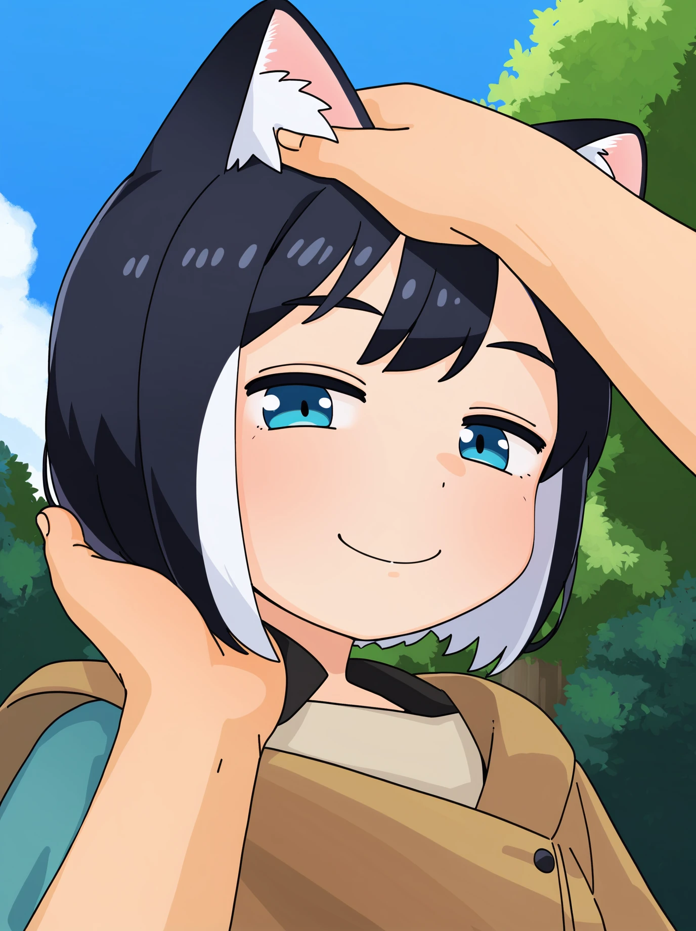 score_9, source_anime, by akai sashimi, best quality, masterpiece, uncensored
BREAK
1girl, male pov, smug, headpat, hand on another's head, cat ears, cat tail, streaked hair, standing, outdoors, detailed background
<lora:akai_sashimi_pony_v1:0.8>