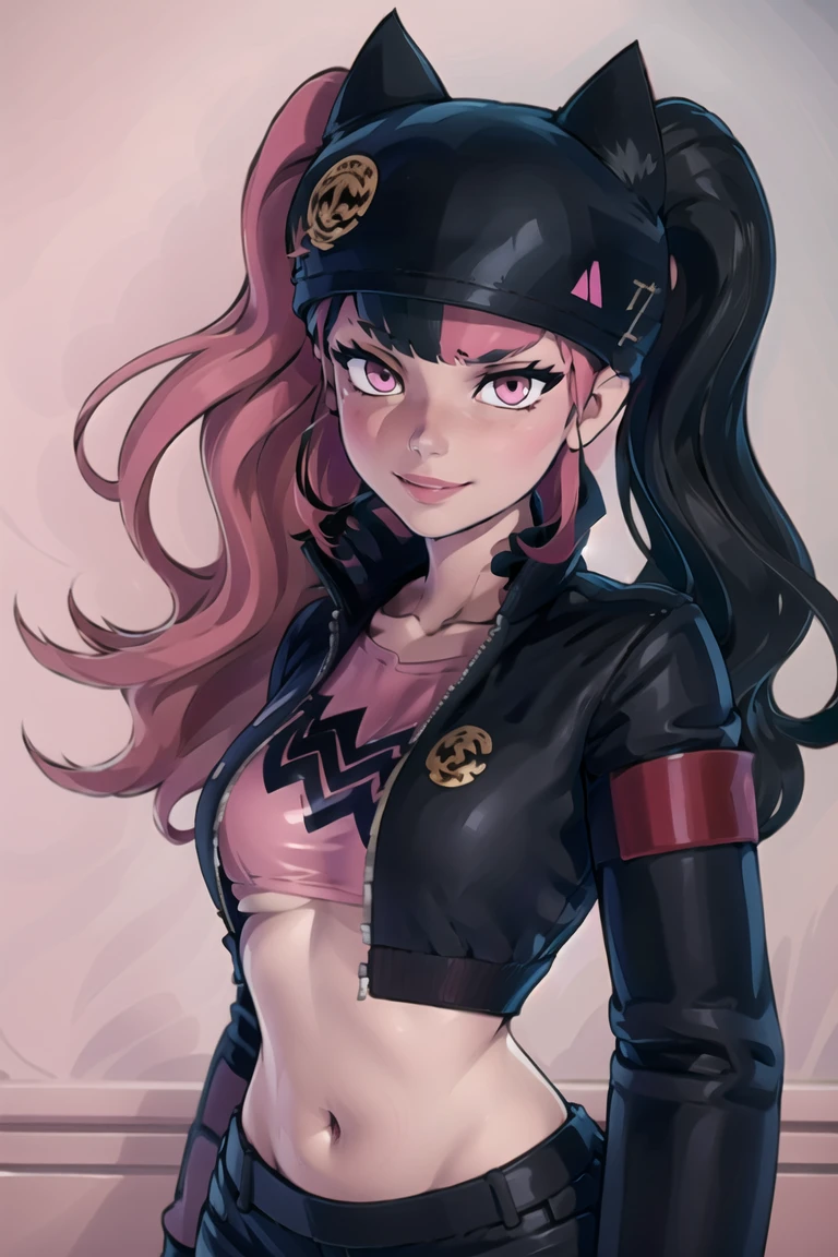 ((masterpiece,best quality)), absurdres, <lora:Zoe_Palworld_v3:0.8>, Zoe_Palworld, long hair, looking at viewer, smile, long sleeves, hat, jacket, black jacket, black headwear, cat hat, animal ear headwear, pink eyes, midriff, crop top, solo, upper body, portrait,