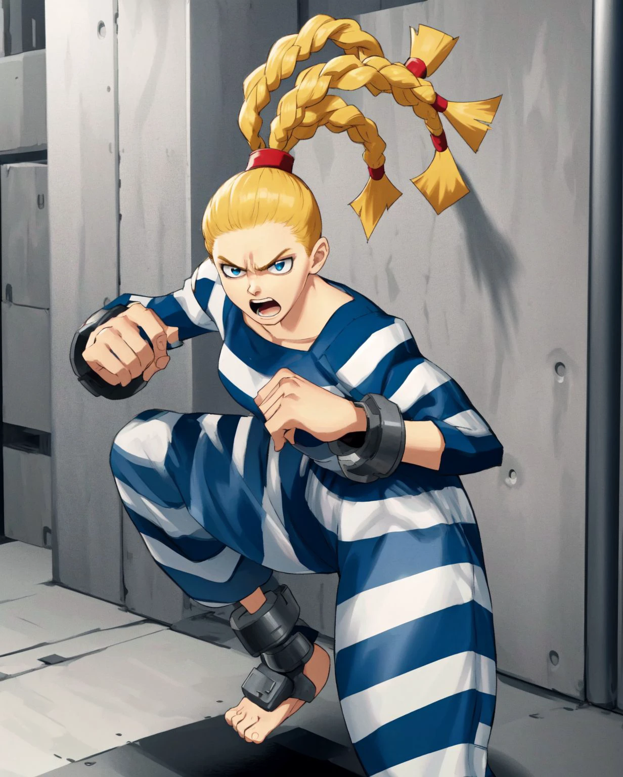 (masterpiece, best quality, high resolution, highly detailed skin:1.3),  <lora:j0_EHZ:0.8> j0ehz, braided ponytails, multiple ponytails, blonde hair, blue eyes, (sour expression, shouting:1.3), blue striped prison jumpsuit, shackles, leg cuffs, kickpads, feral stance