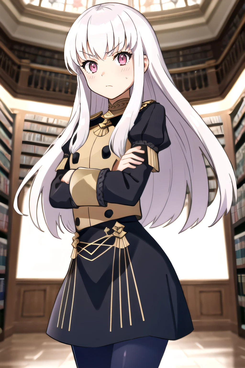 (masterpiece:1.2), best quality, high resolution, unity 8k wallpaper, (illustration), extremely detailed face, perfect lighting, extremely detailed CG, (beautiful detailed eyes:1.2), 1girl, solo, <lora:Lysithea:0.8>, lysithea, white hair, garreg mach monastery uniform, long sleeves, blue pantyhose, black skirt, (annoyed), pink eyes, looking at viewer, standing, indoor, library, crossed arms