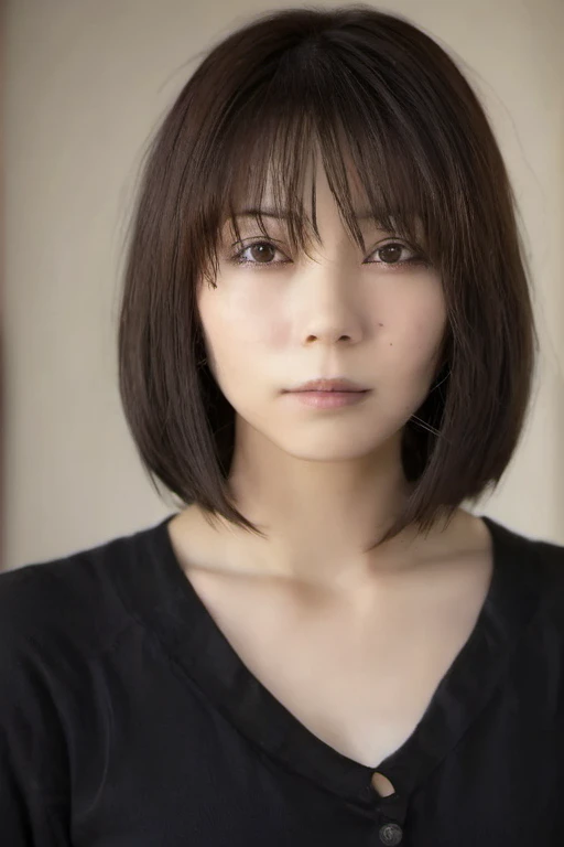 <lora:marisonoda:1> A studio portrait of sonoda, black hair, with black casual long-sleeved clothes, centered frame, (visible body 2:3), (wide view), natural soft background color.