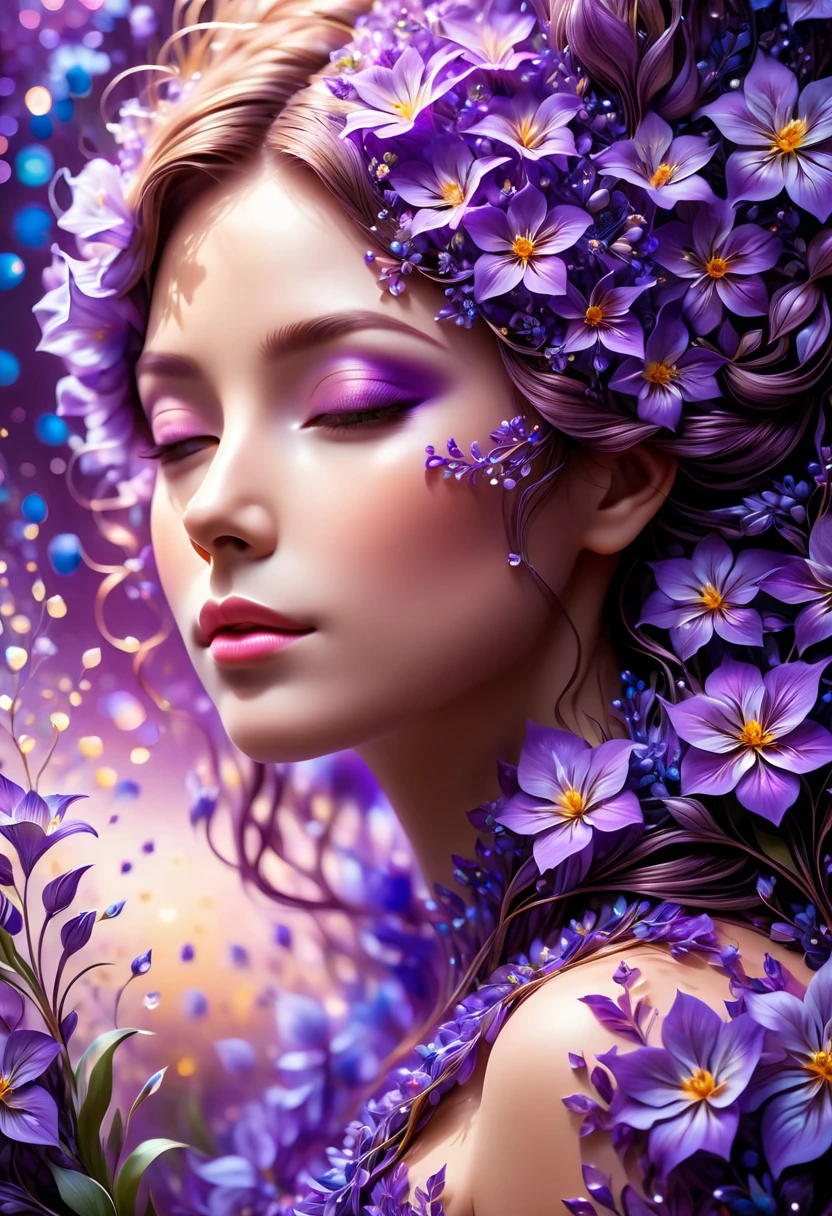 a woman made of purple flowers,bokeh,highly detailed,realistic,lifelike,studio photo,highly detailed,dynamic,cinematic,masterpiece,intricate,hdr,abstract fractal, romantic atmosphere, award-winning photo