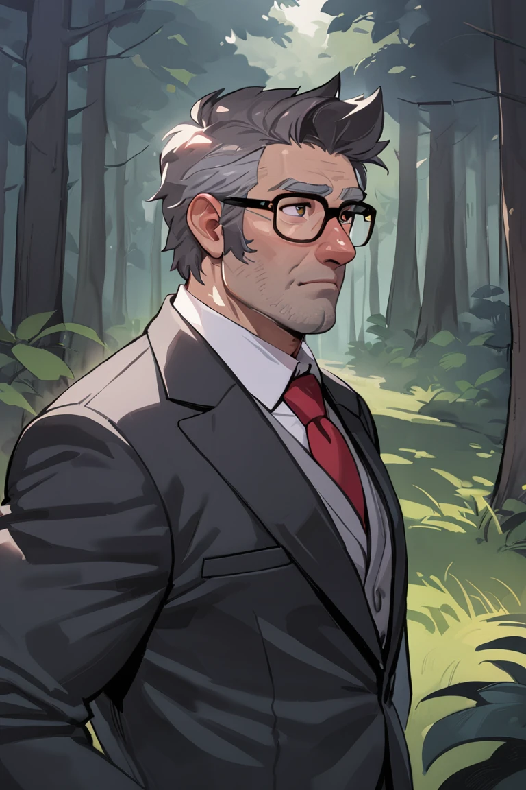 fordpines, 1boy, solo, male focus, mature male, old man, upper body, short hair, grey hair, brown eyes, thick eyebrows, glasses, black-framed eyewear, facial hair, stubble, sideburns, formal, suit, black suit, grey vest, white shirt, red necktie, standing, outdoors, forest, masterpiece, best quality <lora:Stanford (Ford) Pines SDXL_LoRA_10r_10e_32i_nr32_a16_Animagine XL V3:0.7>