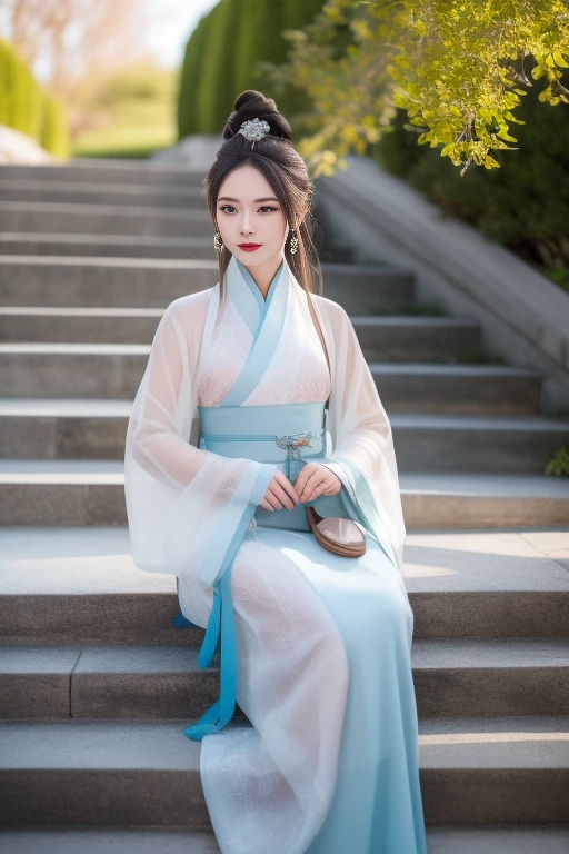 ltra-detailed,highly detailed,best quality,masterpiece,illustration,realistic,photorealistic,
1girl, solo,
hanfu-quju, hanfu, chinese clothes, chinese traditional clothes, long sleeves, wide sleeves, sash,
earrings, jewelry,
very long hair, hair bun, parted bangs,
looking at viewer, cowboy shot,sitting, feet out of frame,
outdoors, photo background, stairs, day, tree,
<lora:hanfu quju_v1_01:0.8>