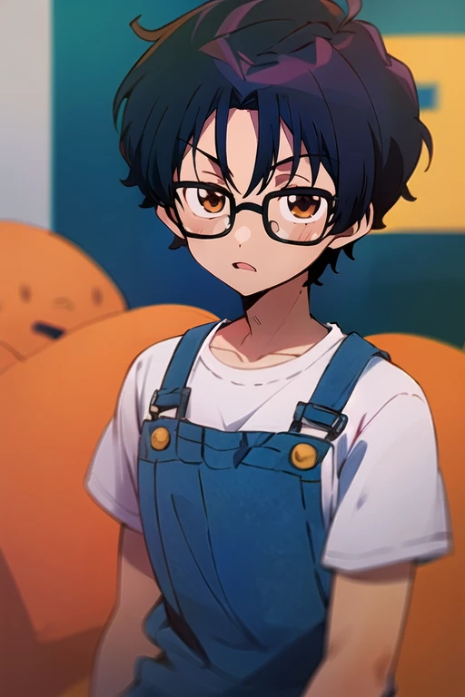 7-year-old japanese boy, cute, smile, round face, chubby, short orange hair, wear round glasses , Loosely student shirt, wear white underwear no pants, school yard background at noon light