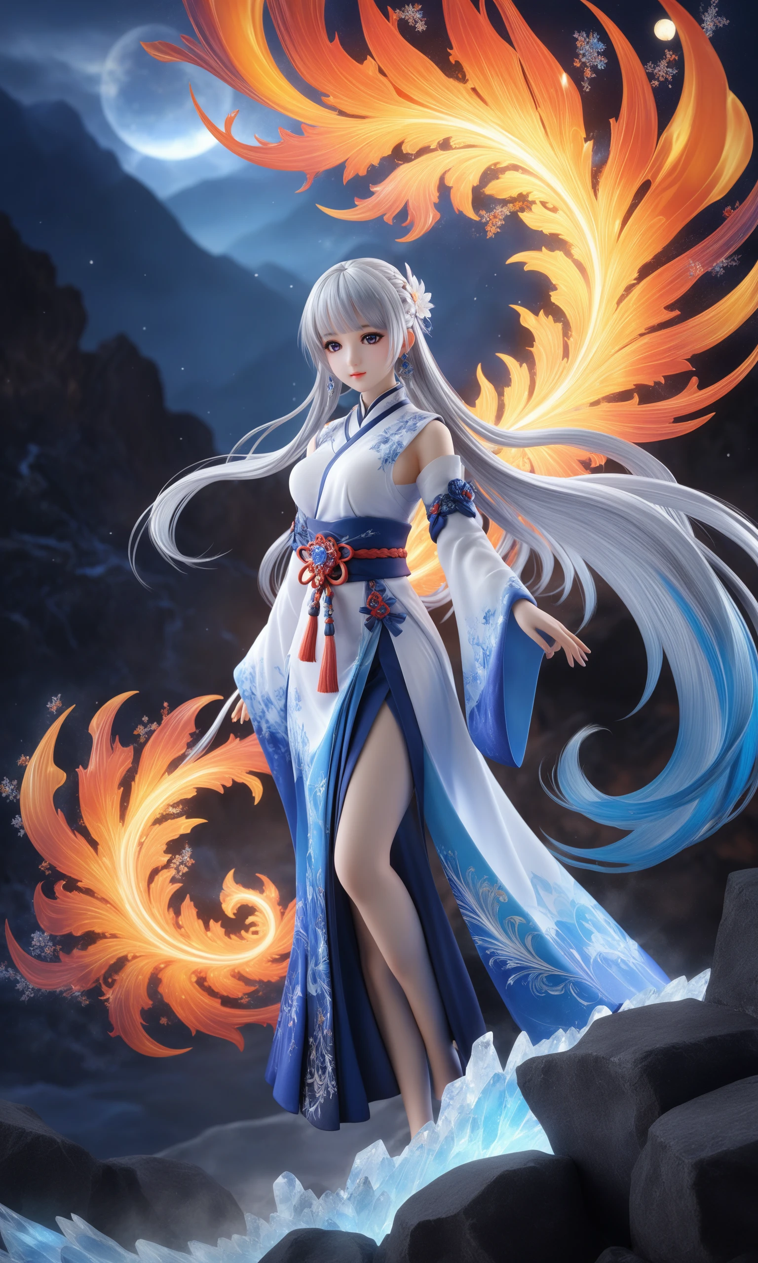 (masterpiece, top quality, best quality, official art, beautiful and aesthetic:1.2), (1girl:1.2), cute, extreme detailed,(abstract:1.4, fractal art:1.3),(silver_hair:1.1), fate \(series\), colorful,highest detailed, fire, ice, lightning, (splash_art:1.2), jewelry:1.4, hanfu, , scenery, ink,